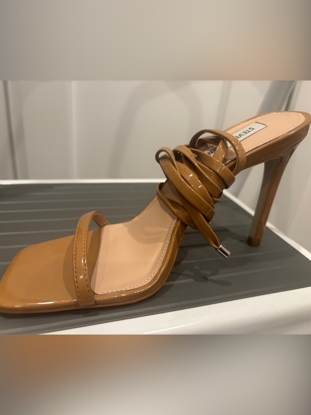 Steve Madden Tan Patent Strappy Stiletto Sandals